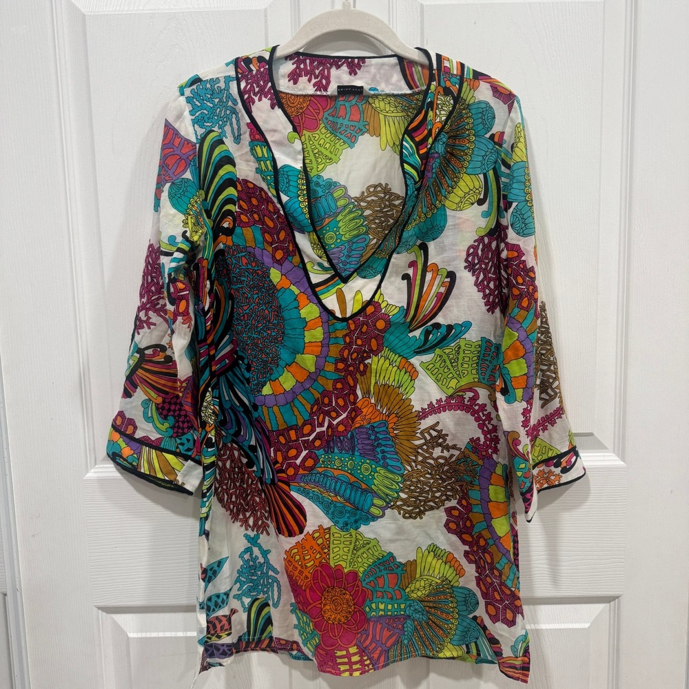 Trina Turk Tunic Top XS Multicolor Abstract‎ Print Cotton Silk 3/4 Sleeve